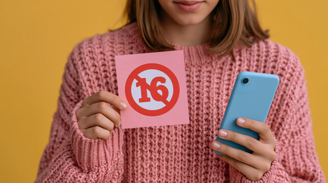 Teenager holding a smartphone next to a red no under 16 years warning sign representing social media ban and online restriction