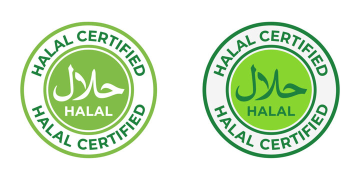 Halal certified food label, green circular stamp with arabic calligraphy and english text, vector illustration