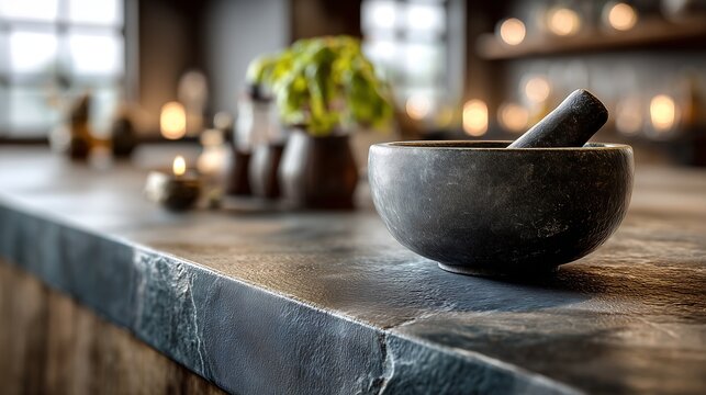 Premium stone cobek and ulekan on modern kitchen island with natural window light and elegant culinary aesthetic, ideal for Indonesian cooking, premium kitchen decor and culinary branding