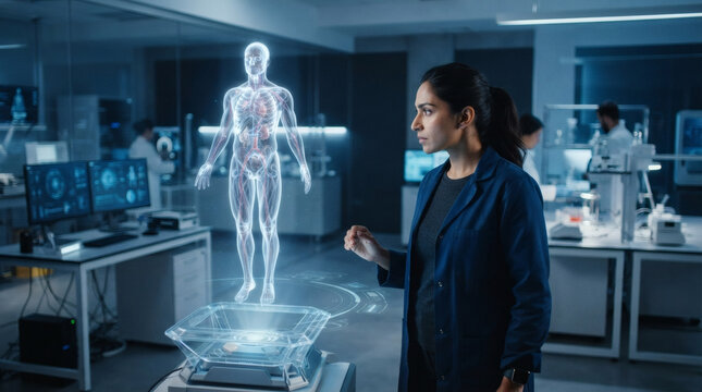 A focused medical researcher in a pristine laboratory looking at a full-body glowing holographic human digital twin simulation floating in the air. Soft blue and silver light outlining anatomical 