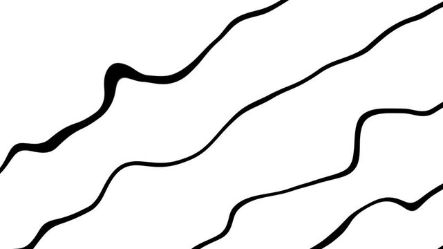 Minimalist abstract background featuring smooth black wavy lines flowing diagonally across a clean white canvas. Seamless loop animation.