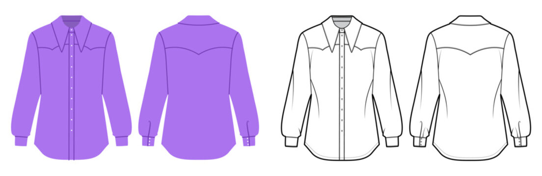 Western style shirt with pointed collar, long sleeves and shaped yoke detail, structured silhouette. Technical fashion illustration in black white color, front back views, modern apparel CAD template