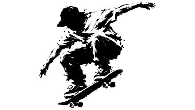 Dynamic brush illustration of a skateboarder performing an aerial trick, capturing urban culture, street sports, energy, balance, and freestyle movement.