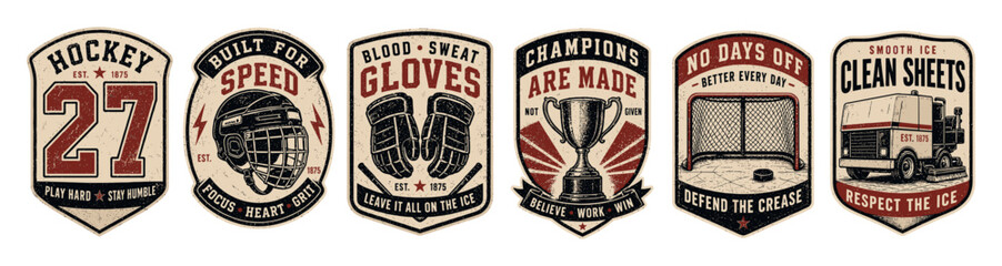 Naklejka premium Vintage ice hockey emblems and badges set featuring detailed illustrations of a helmet, gloves, championship trophy, goal net, and ice resurfacer machine in a distressed retro style