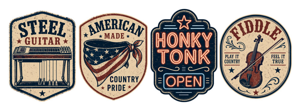 Vintage country music emblems and badges set featuring steel guitar, patriotic bandana, honky tonk neon sign, and fiddle illustrations with retro typography