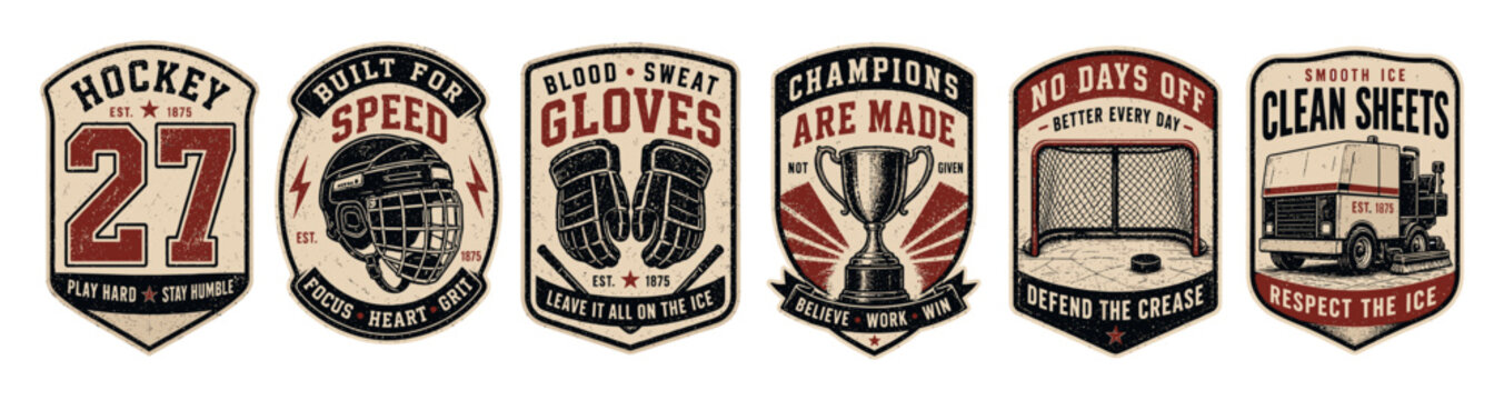 Vintage ice hockey emblems and badges set featuring detailed illustrations of a helmet, gloves, championship trophy, goal net, and ice resurfacer machine in a distressed retro style