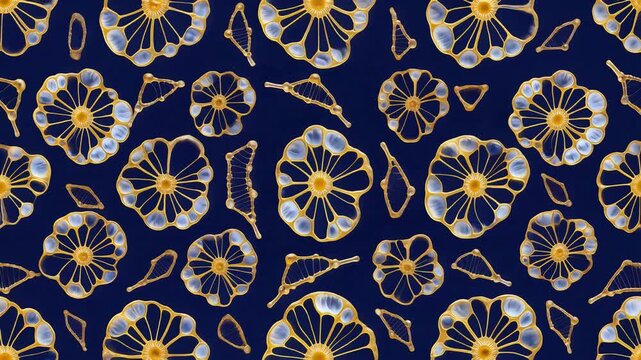 Radiolarian micro-organisms, vibrant golden-blue microscopic skeletal patterns with intricate geometric symmetry, seamless loop, deep navy background, symbolizing marine biodiversity, scientific