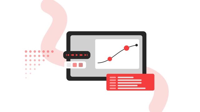 Digital tablet interface with business data graph and media player controls flat illustration