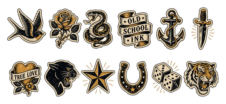 Old school tattoo stickers collection featuring swallow, rose, snake, anchor, dagger, heart, panther, star, horseshoe, dice, and tiger designs