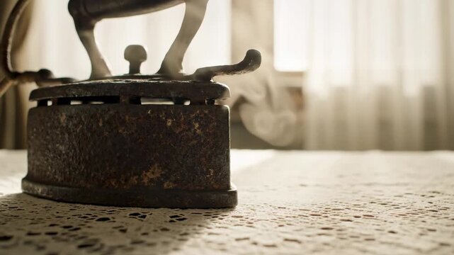 Vintage rusty iron emitting steam on a table
