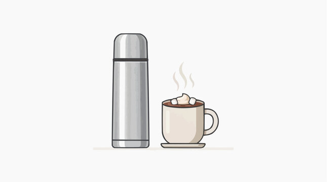 Hot Beverage Container and Mug: A stainless steel thermos stands beside a steaming mug of hot chocolate topped with marshmallows, suggesting warmth and comfort on a chilly day.