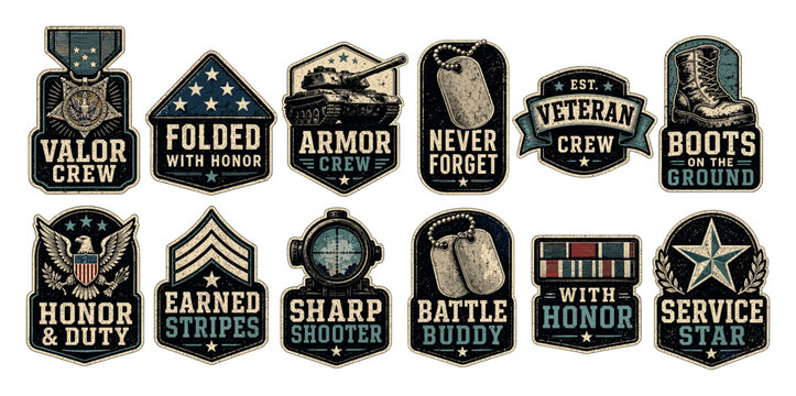Military patches and veteran emblems set featuring vintage designs with tank, dog tags, eagle, and combat boots