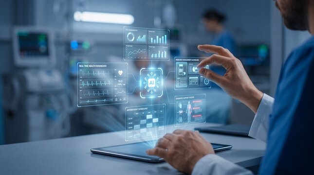 Medical Professional Interacting with AI Technology in Modern Hospital Setting Using Tablet for Data Analysis and Diagnostics