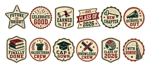 Naklejka premium Vintage graduation stickers and retro school badges featuring motivational quotes and academic symbols like mortarboard cap and diploma scroll