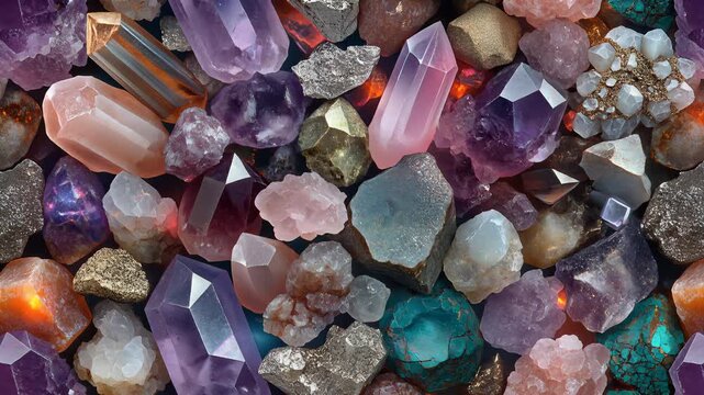 Vibrant collection of raw gemstones and polished crystals, sparkling amethyst, quartz, turquoise, and citrine in close-up macro, cinematic lighting with rich textures, symbolizing wealth, luxury