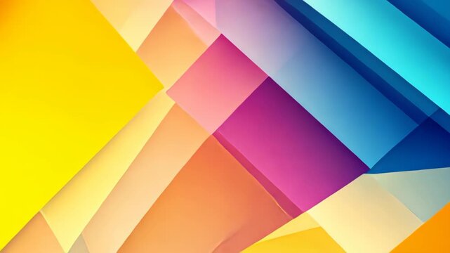 Abstract Geometric Delight: A vibrant explosion of color and light, this abstract composition features overlapping geometric shapes in a dazzling spectrum of yellow, orange, pink, purple, blue.