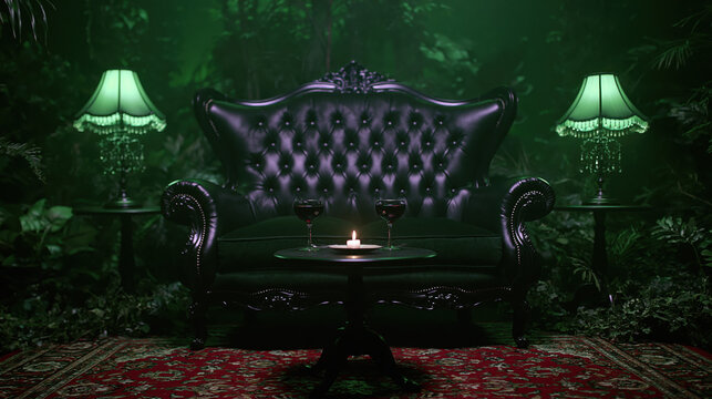 uncanny green and purple editorial scene with cinematic wide composition