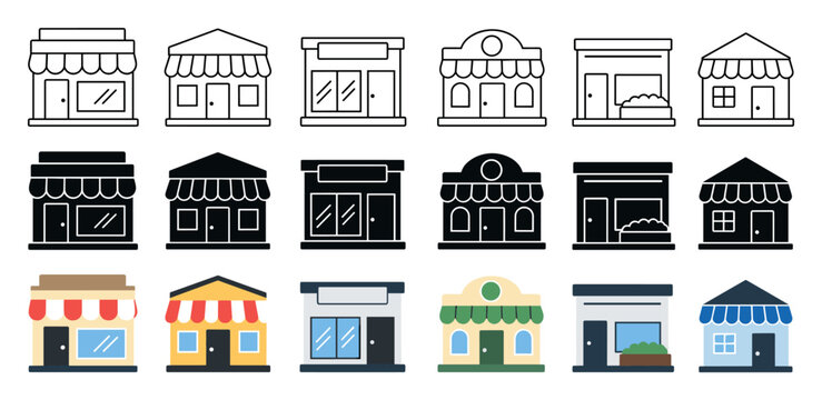 Store front icon set vector illustration featuring various shop facades in line, solid, and flat color styles for retail business design