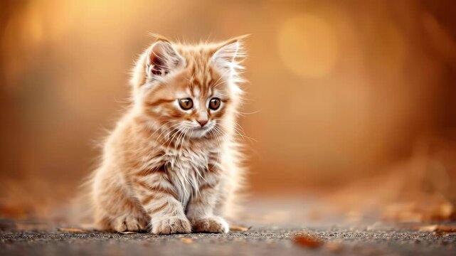 Fluffy Kitten Portrait: An adorable fluffy orange kitten with large innocent eyes sits on a textured surface, its soft fur highlighted by the warm, golden light of autumn.