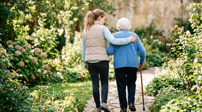Young caregiver supporting elderly woman while walking together through blooming sunlit garden path demonstrating care and companionship.