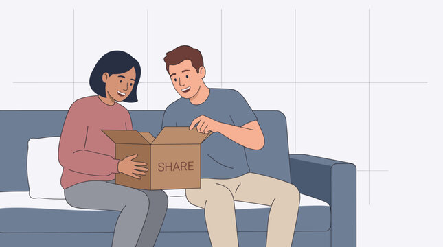 Happy Couple Opening Delivery Box with Share Label on Sofa