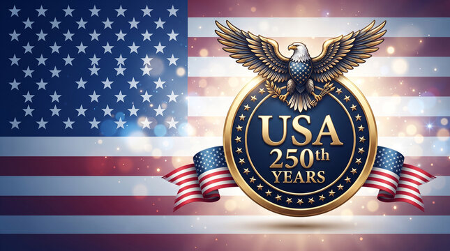 USA two hundred fifty years anniversary emblem featuring proud eagle clutching golden round shield logo centered on american flag background.