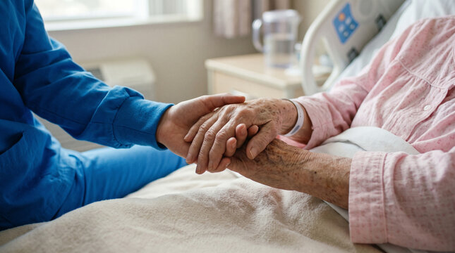 A nurse in blue scrubs holds the hands of an elderly woman sitting on a hospital bed, offering comfort.