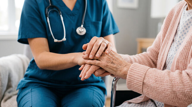 Caregiver holding hands with senior patient in wheelchair, showing empathy and support, comforting gesture, reassurance, professional care, gentle touch.