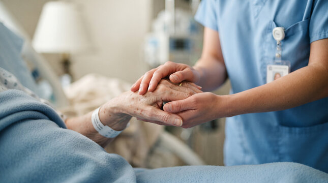 Close up view of young nurse holding hands of elderly patient in hospital bed offering emotional support and reassurance during treatment.