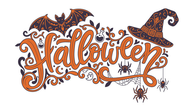 Illustration typographique d&eacute;corative pour Halloween avec lettrage manuscrit orange, chauve-souris, chapeau de sorci&egrave;re, toiles d'araign&eacute;e et potions magiques sur fond blanc