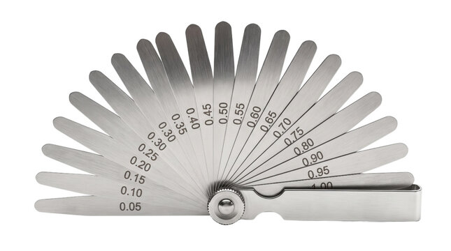 Precision steel feeler gauge tool, professional metric thickness measuring blades, industrial metal gap measurement instrument on white background