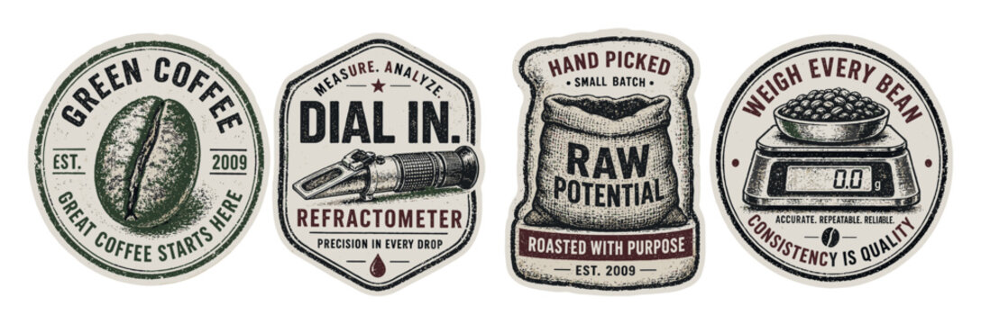 Vintage coffee labels and badges set featuring green coffee bean, refractometer, raw potential sack, and digital scale with beans in a retro hand drawn style