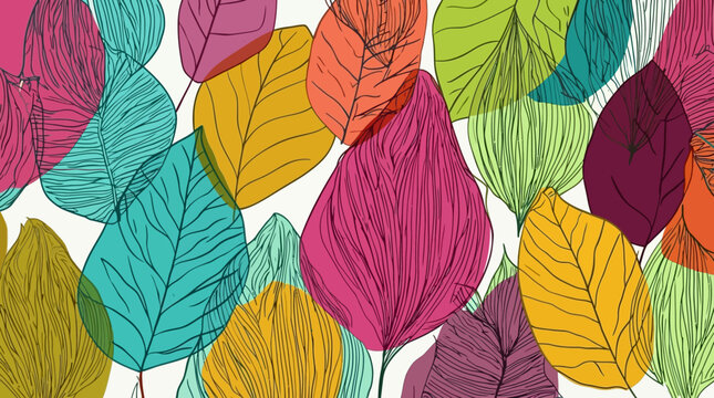 Motif de fond artistique avec des feuilles color&eacute;es dessin&eacute;es &agrave; la main dans un style esquisse moderne et vibrant pour des projets de design graphique cr&eacute;atifs