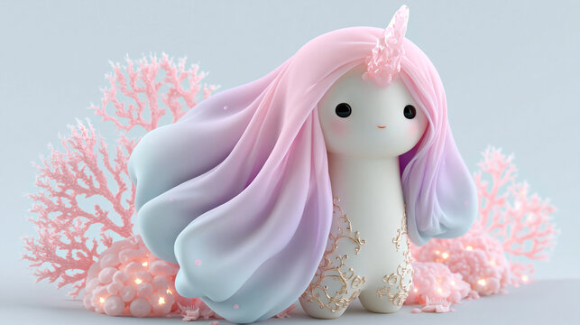Cute mythical creature with pastel hair and coral details, embodying whimsy.