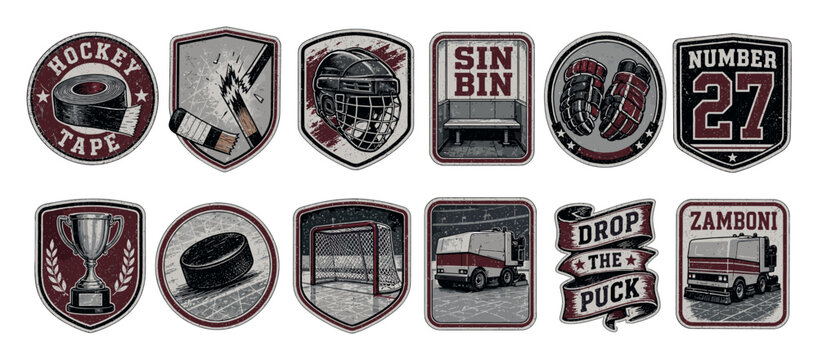 Ice hockey vintage emblems and stickers set featuring detailed illustrations of a helmet, puck, trophy, broken stick, gloves, goal net, and ice resurfacer machine