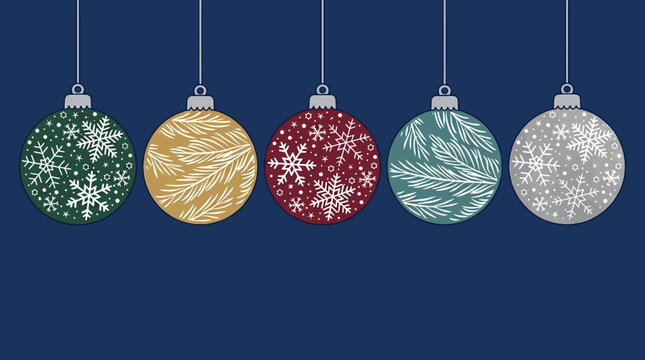Cinq boules de No&euml;l d&eacute;coratives suspendues avec des motifs de flocons de neige et de branches de sapin sur un fond bleu fonc&eacute; &eacute;l&eacute;gant pour les f&ecirc;tes de fin d'ann&eacute;e
