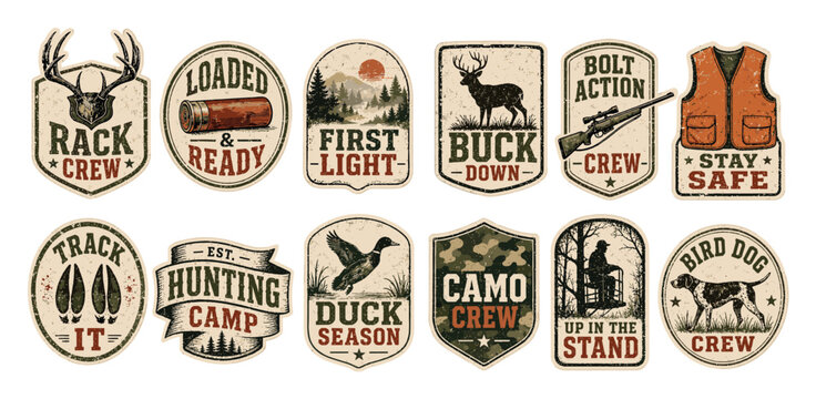 Vintage hunting badges and retro outdoor patches featuring deer antlers shotguns rifles flying ducks hunting dogs camouflage patterns and classic typography for wilderness adventures