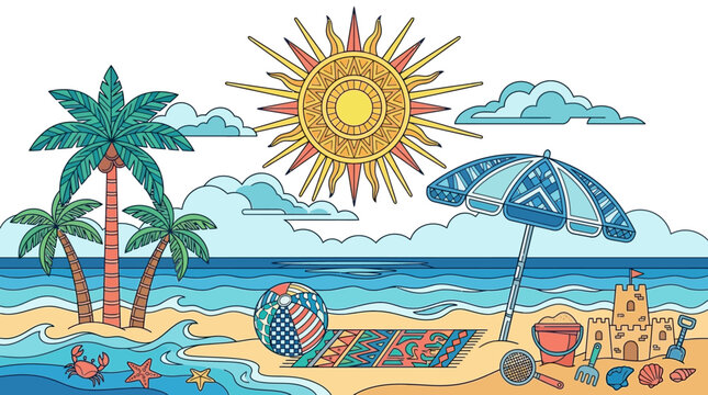 Illustration vectorielle color&eacute;e d'une plage tropicale ensoleill&eacute;e avec des palmiers, un parasol, un ch&acirc;teau de sable et des accessoires de vacances pour une ambiance estivale joyeuse.
