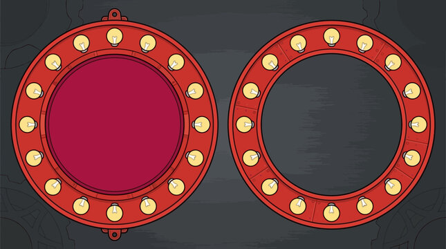 Deux cadres circulaires de style loge de th&eacute;&acirc;tre rouge avec des ampoules lumineuses dispos&eacute;es en cercle sur un fond sombre pour des designs de spectacle et de divertissement.