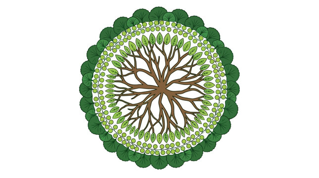 Illustration vectorielle d'un arbre stylis&eacute; dispos&eacute; en cercle formant un mandala naturel avec des branches brunes et des feuilles vertes sur un fond blanc &eacute;pur&eacute;