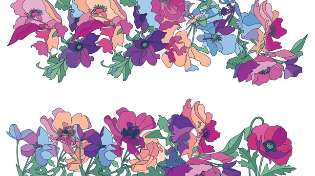 Illustration vectorielle de bordures florales avec des coquelicots color&eacute;s et des fleurs sauvages stylis&eacute;es sur un fond blanc pur, parfait pour des designs d&eacute;coratifs &eacute;l&eacute;gants.