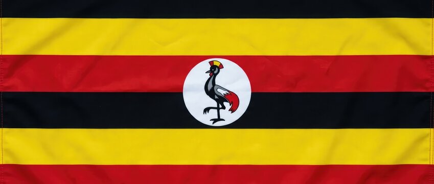 The flag of Uganda featuring horizontal stripes of black, yellow, and red, with a crested crane in the center