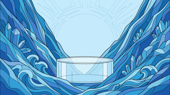 Un pi&eacute;destal cylindrique vide entour&eacute; d'un paysage stylis&eacute; de vagues oc&eacute;aniques bleues et de cristaux scintillants, id&eacute;al pour la pr&eacute;sentation de produits avec espace de copie.