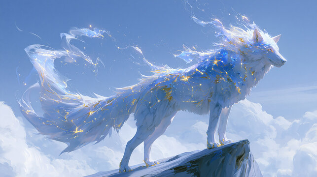 Majestic wolf with ethereal features and a shimmering tail against a blue sky.