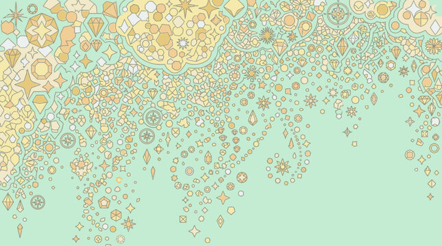 Fond abstrait &eacute;l&eacute;gant avec des motifs g&eacute;om&eacute;triques complexes, des &eacute;toiles et des cercles dor&eacute;s sur un arri&egrave;re-plan vert menthe pastel, id&eacute;al pour des designs festifs et d&eacute;coratifs.