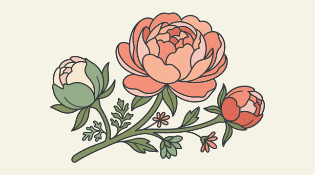 Ilustra&ccedil;&atilde;o vetorial elegante de um ramo de pe&ocirc;nias com flores desabrochadas e bot&otilde;es em tons suaves de coral e verde sobre um fundo creme, ideal para design bot&acirc;nico decorativo.