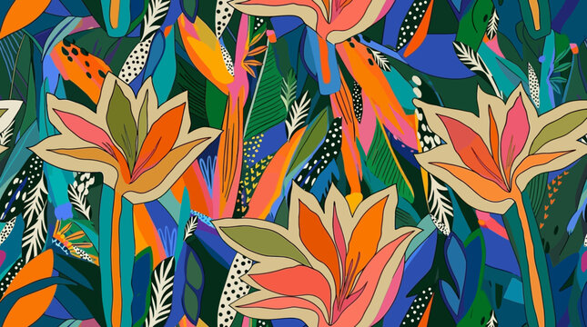 Motif floral tropical sans couture avec des fleurs d'oiseau du paradis stylis&eacute;es et des feuilles exotiques dans un style artistique moderne et color&eacute; sur fond sombre.