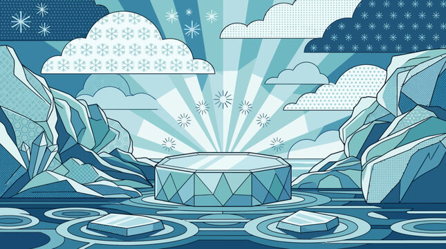 Un podium g&eacute;om&eacute;trique &eacute;l&eacute;gant au centre d'un paysage hivernal stylis&eacute; avec des montagnes de glace, des nuages enneig&eacute;s et des rayons lumineux dans des tons bleus apaisants.