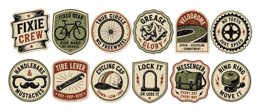 Vintage bicycle badges and stickers set featuring retro cycling emblems, fixie crew labels, bike components, and messenger gear illustrations in distressed style