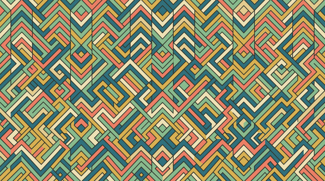 Padr&atilde;o geom&eacute;trico abstrato com linhas entrela&ccedil;adas em tons vintage de verde, amarelo e coral, criando um design complexo e sim&eacute;trico para fundos decorativos e papel de parede.